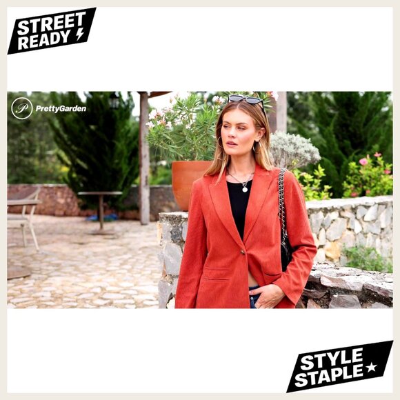 Corduroy Blazer Women's Long Sleeve Lapel Button Front Work Casual - Picture 7 of 7